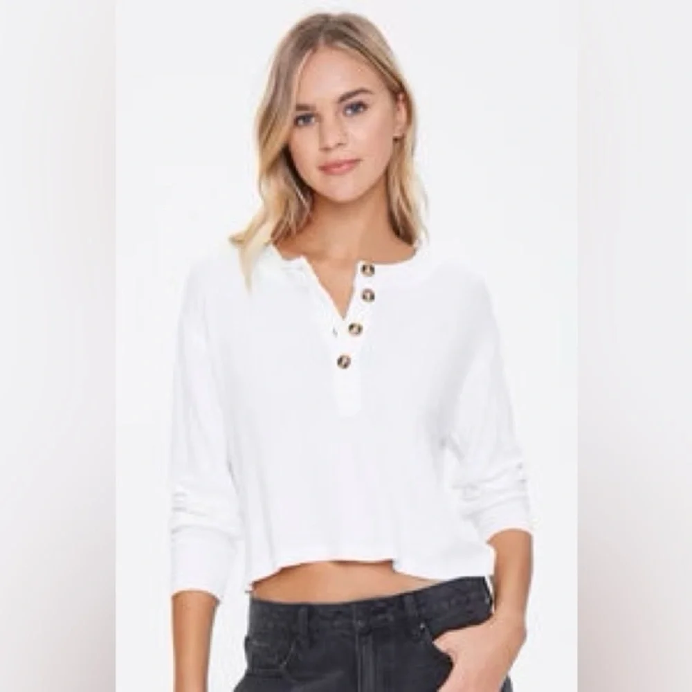 Forever 21 Soft White Waffle Knit Shirt Button Henley Long Sleeve Top